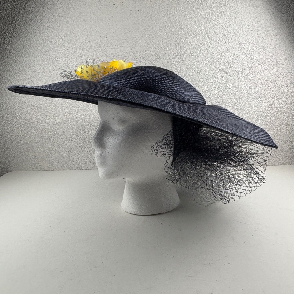 Sonni Wide Brim Hat Womens OS Navy Blue Vintage Floral Netting Straw Derby Party